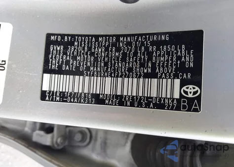 2015 Toyota Corolla Le z USA, uszkodzony, nr VIN 5YFBURHE4FP270672